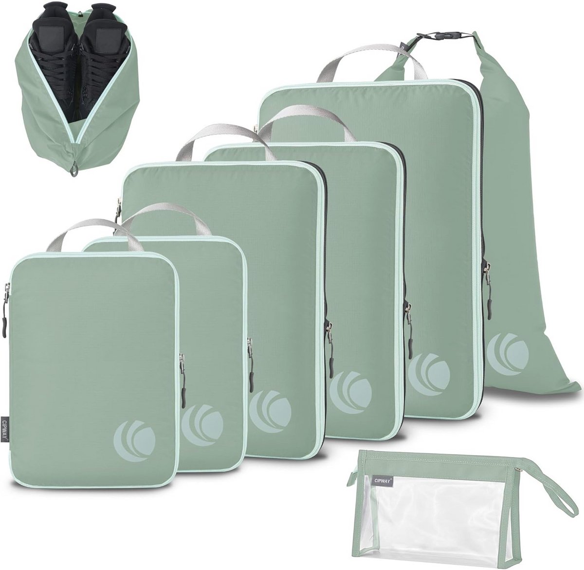 Lichtgewicht Compressieverpakkingskubussen voor Reisbagage - 8-delig Set in Saliegroen