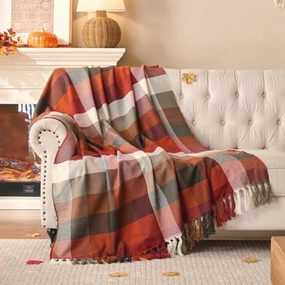 Roest geruite deken | Zachte herfst plaid voor bank en bed | Lichtgewicht acryl en kasjmier | Perfect voor woondecoratie