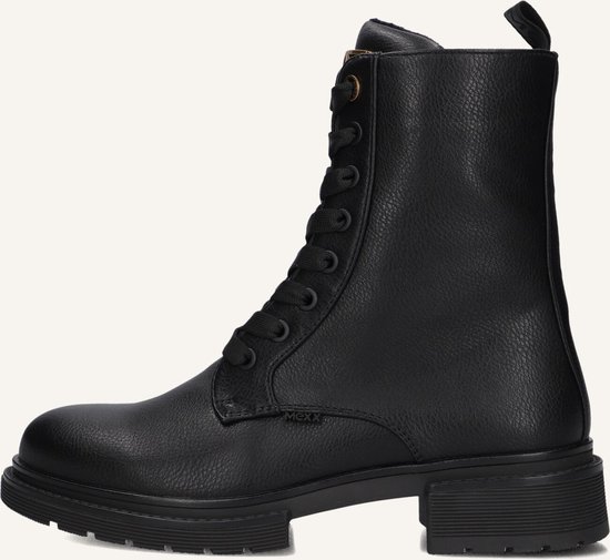 Zwarte leren veterlaars met grove zool en Mexx logo op de zijkant.