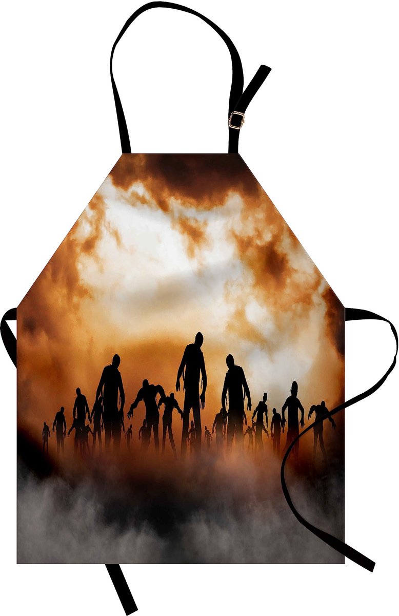ABAKUHAUS Halloween-koksschort, horror, gruwel, zombies, lichamen, nevel bij nacht, wolken, avondschemering-grafiek; in hoogte verstelbaar, heldere kleuren, niet vervaagt, oranje-zwart