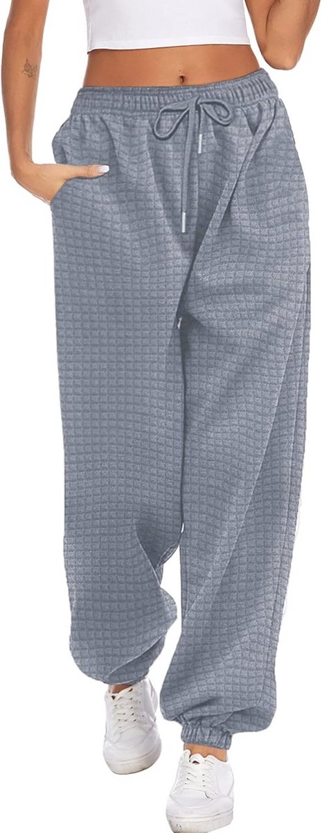 Warme Waffle Joggingbroek Dames - Baggy Vrijetijdsbroek met Hoge Taille en Zakken