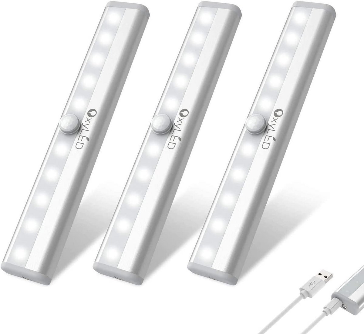 Draadloze Bewegingssensor Garderobeverlichting met 10 LED, USB Oplaadbaar, Magnetische Strips, 3 Stuks in Wit