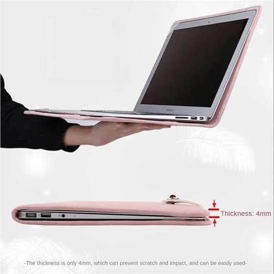 Roze laptop sleeve met een dikte van 4mm, beschermt tegen krassen en stoten.