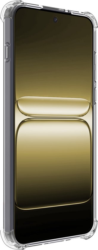 Transparante telefoonhoes met verstevigde hoeken, getoond op een telefoon met een glanzend scherm.