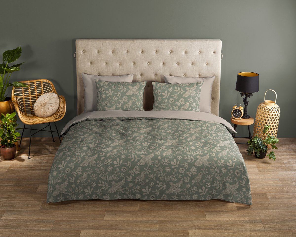 Good Morning dekbedovertrek bladeren en vogels - 2 persoons 200x200/220 cm - Groen - 100% Katoen renforce