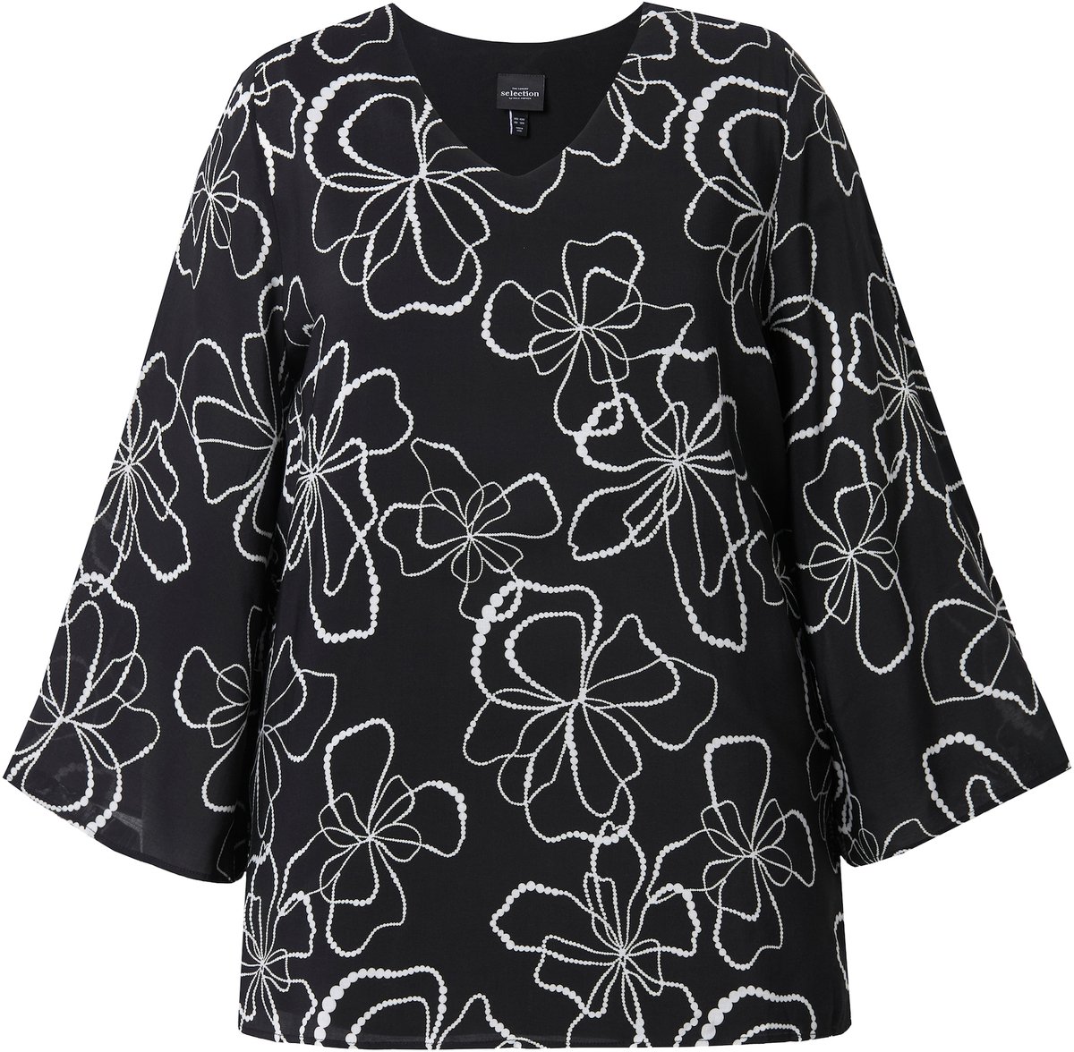Ulla Popken - Dames - Shirtblouse dubbelgelaagd V-hals lange mouwen - Zwart - Maat 46+