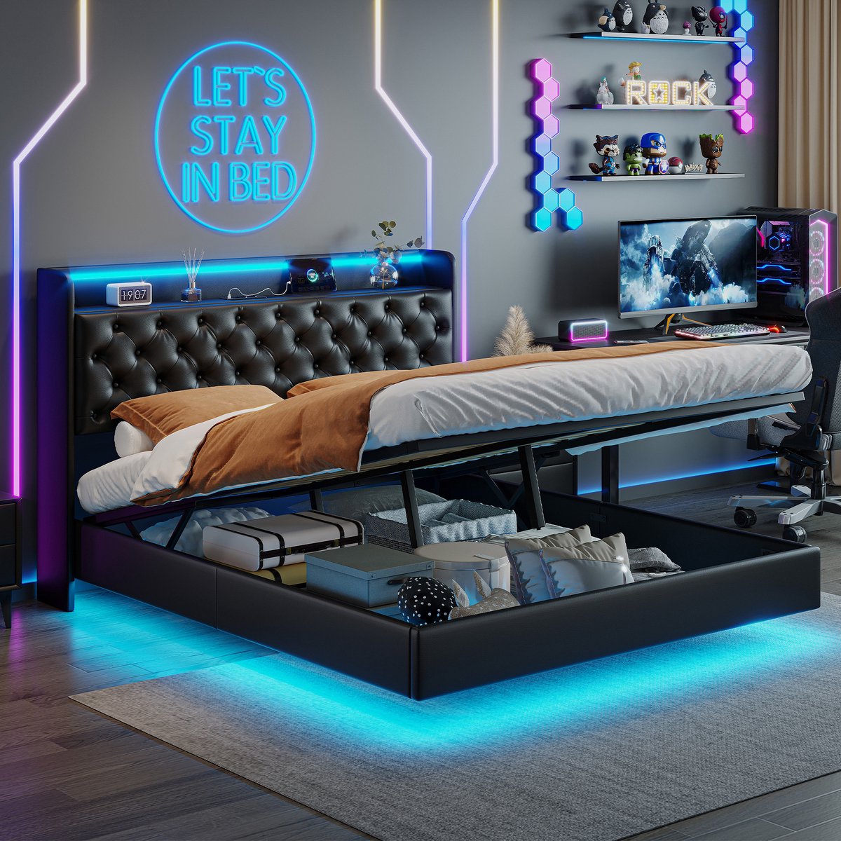 Tweepersoonsbed 140x200 cm - Zwart PU bed met LED, - Tweepersoonsbed - €279,99