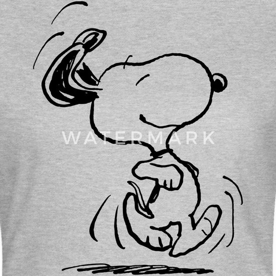 Close-up van een zwart-witte tekening van de hond Snoopy die springt, op een grijs T-shirt.