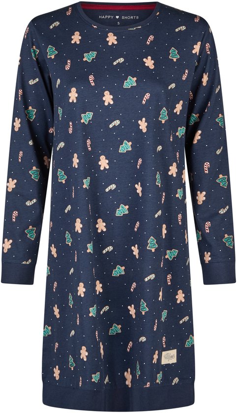 Chemise de nuit de Noël Happy Shorts pour femme, manches longues, bleu foncé, motif pain d'épice - Taille L