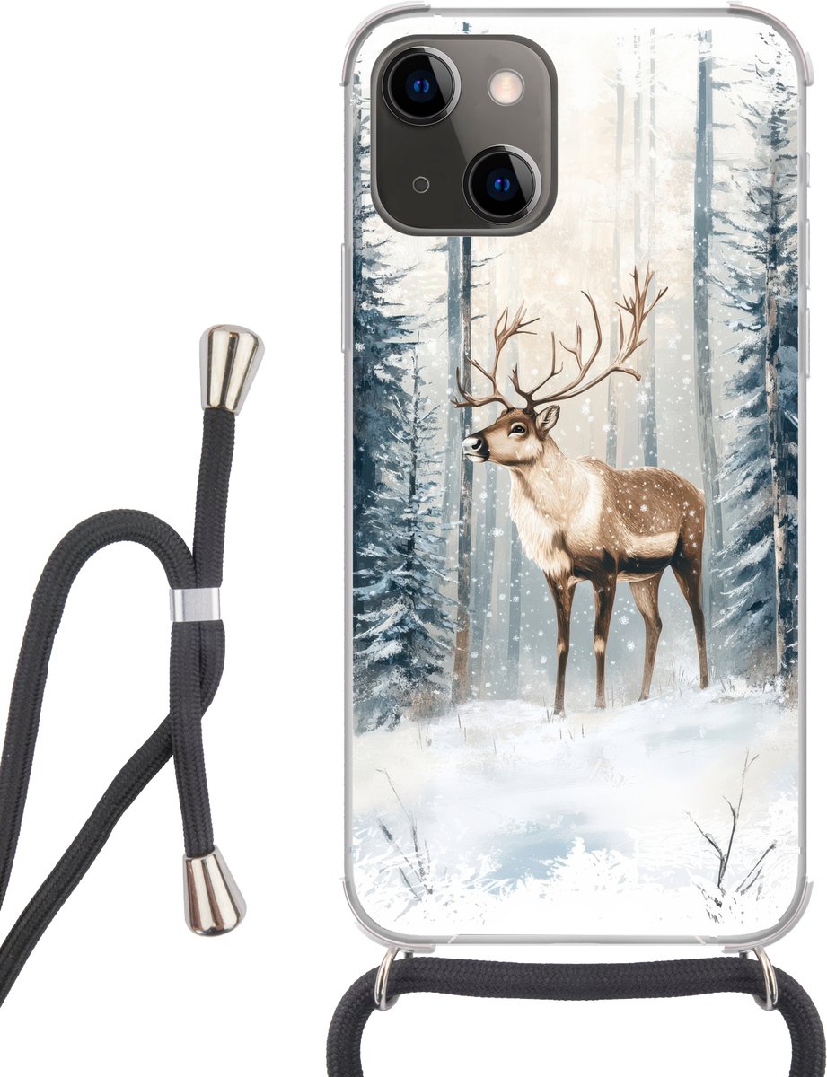 Telefoonhoesje Geschikt voor iPhone 13 - Rendier - Sneeuw - Woud - Wit - Siliconen - Crossbody - Backcover met Koord - Telefoonhoesje met koord - Hoesje met touw Telefoonhoesje