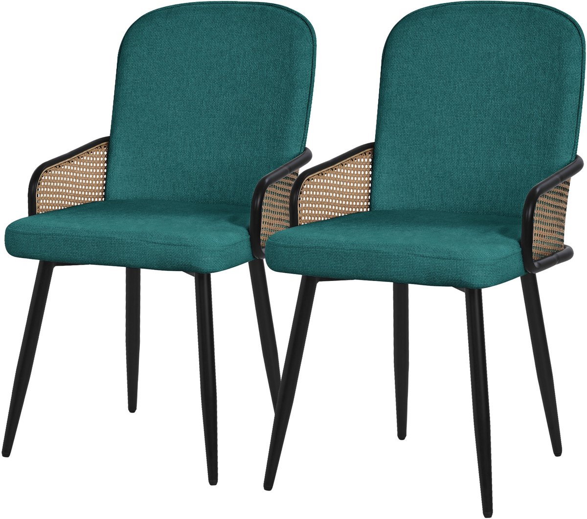ml-design eetkamerstoelen set van 2 benzine gestoffeerde keukenstoelen met armleuningen en rugleuning rotanlook comfortabele ergonomische stoffen eetkamer fauteuils met metalen poten luxe lounge accentstoelen voor eettafel en woonkamer Petrol