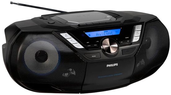 Zwarte Philips radio/CD-speler met DAB+ en Bluetooth, gezien vanuit een hoek.