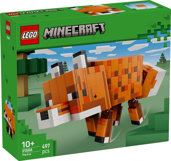 Set LEGO Minecraft d'un renard orange à taches brunes, queue et pattes blanches. La boîte montre le renard dans un environnement boisé, avec le texte 'LEGO MINECRAFT 10+ 21588 497 pcs The Fox'.