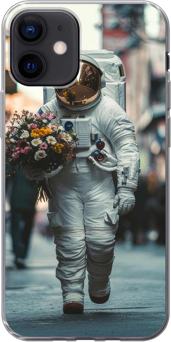 Telefoonhoesje Geschikt voor iPhone 12 hoesje - Boeket - Bloemen - Kleurrijk - Astronaut - Siliconen Telefoonhoesje Telefoonhoesje
