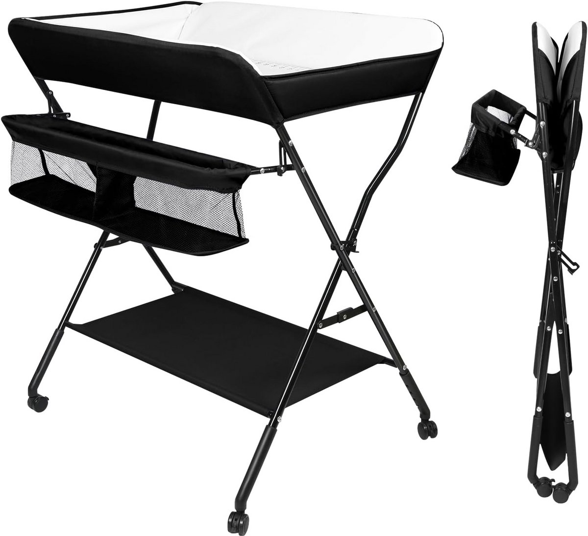 Inklapbare mobiele commode met aankleedkussen, veiligheidsgordel en opbergvakken - ruimtebesparend en stabiel