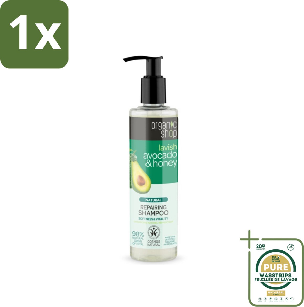 1 x Organic Shop - Natural Repairing Shampoo - Avocado & Honey - Hydraterend en Herstellend - 280 ml- Herstel Haar - Voedend Haar - Avocado Shampoo - Honing Shampoo - Droog Haar