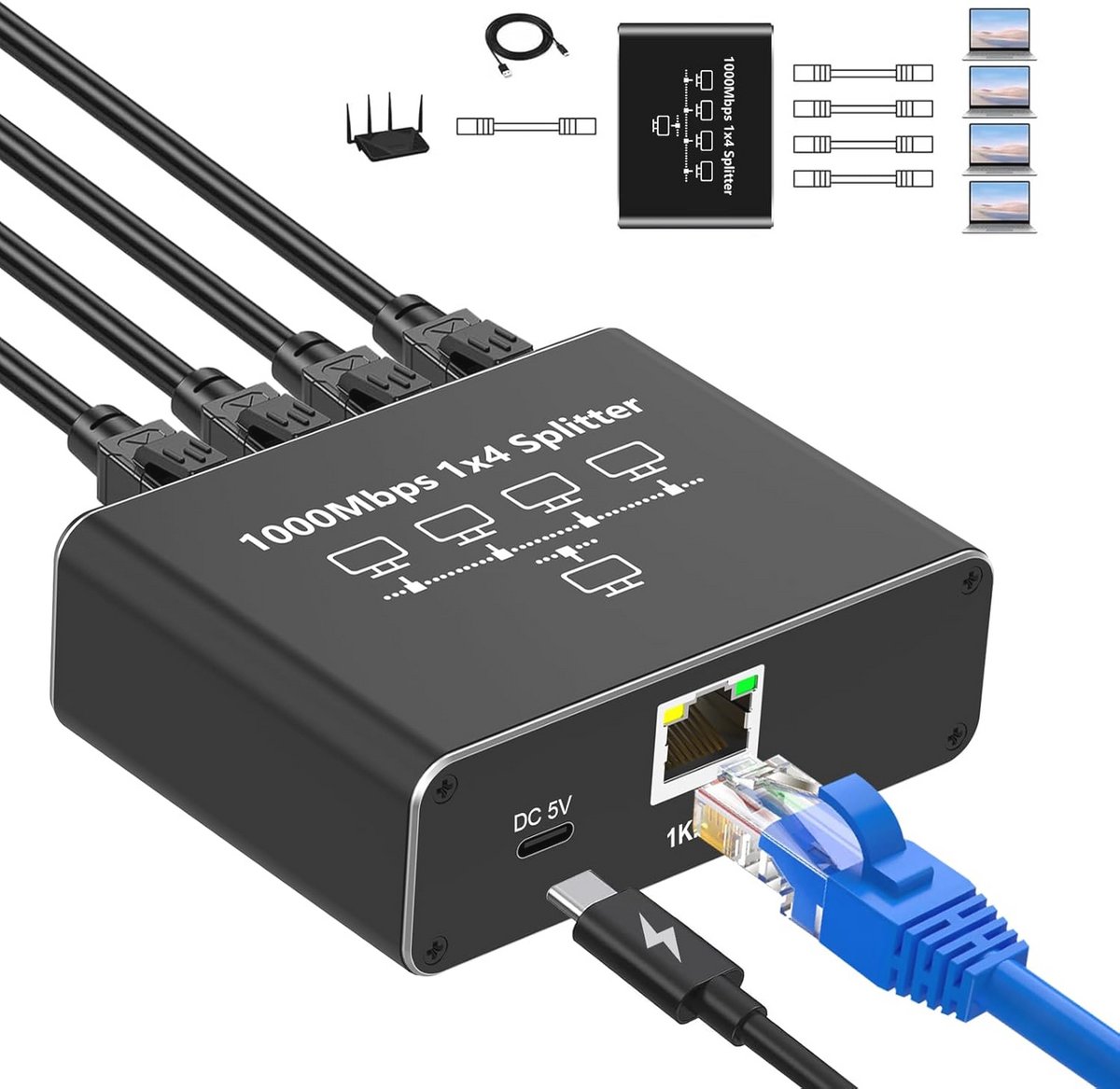 LAN-splitter 1 naar 4 1000 Mbps Ethernet Splitter met Type-C Netsnoer - Gigabit Switch voor Computer, Hub, Router en Set-Top Box