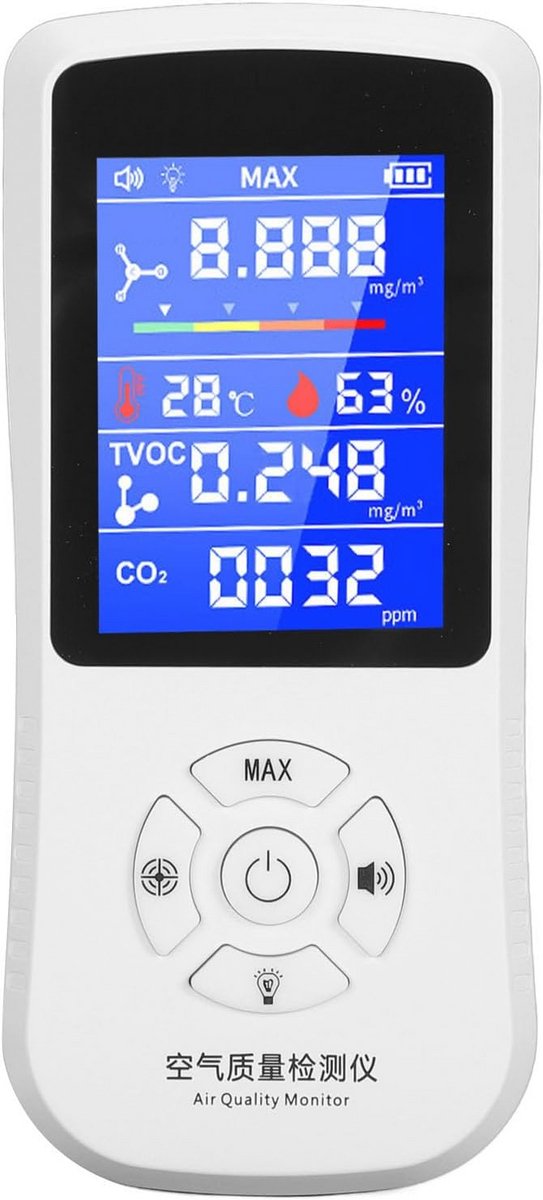 Luchtkwaliteitsmonitor, Nauwkeurige Tester voor CO2 HCHO TVOC, Multifunctionele Luchtgasdetector, Realtime Gegevensregistratie, voor Thuiskantoor, Tripcamp Camperauto
