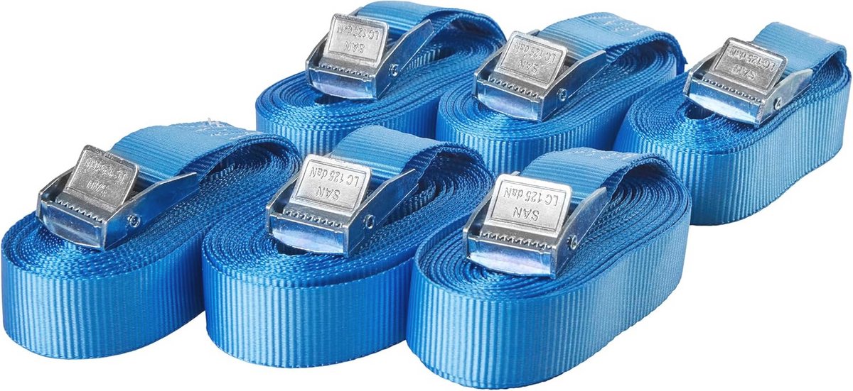 Set van 6 spanbanden met klemsluiting - Belastbaar tot 250 kg, 4 m lang, 25 mm breed