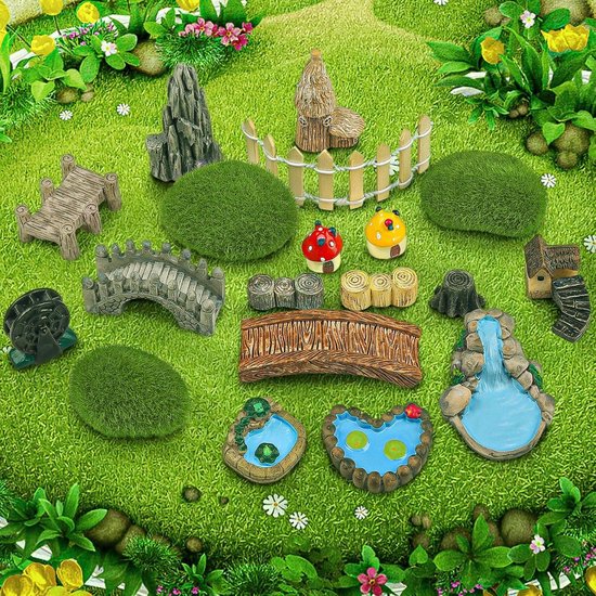 21-delige Fee Tuin Miniaturen Set - Brug Huis Landschap Accessoires met Water Fontein en Paddenstoel - Voor DIY Handwerk en Tuin Decoratie — afbeelding 4