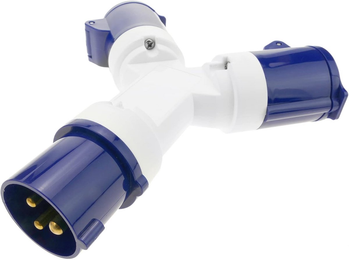 Industriële stekkeradapter CEE mannelijke naar 2 vrouwelijke 16A 250V IP44