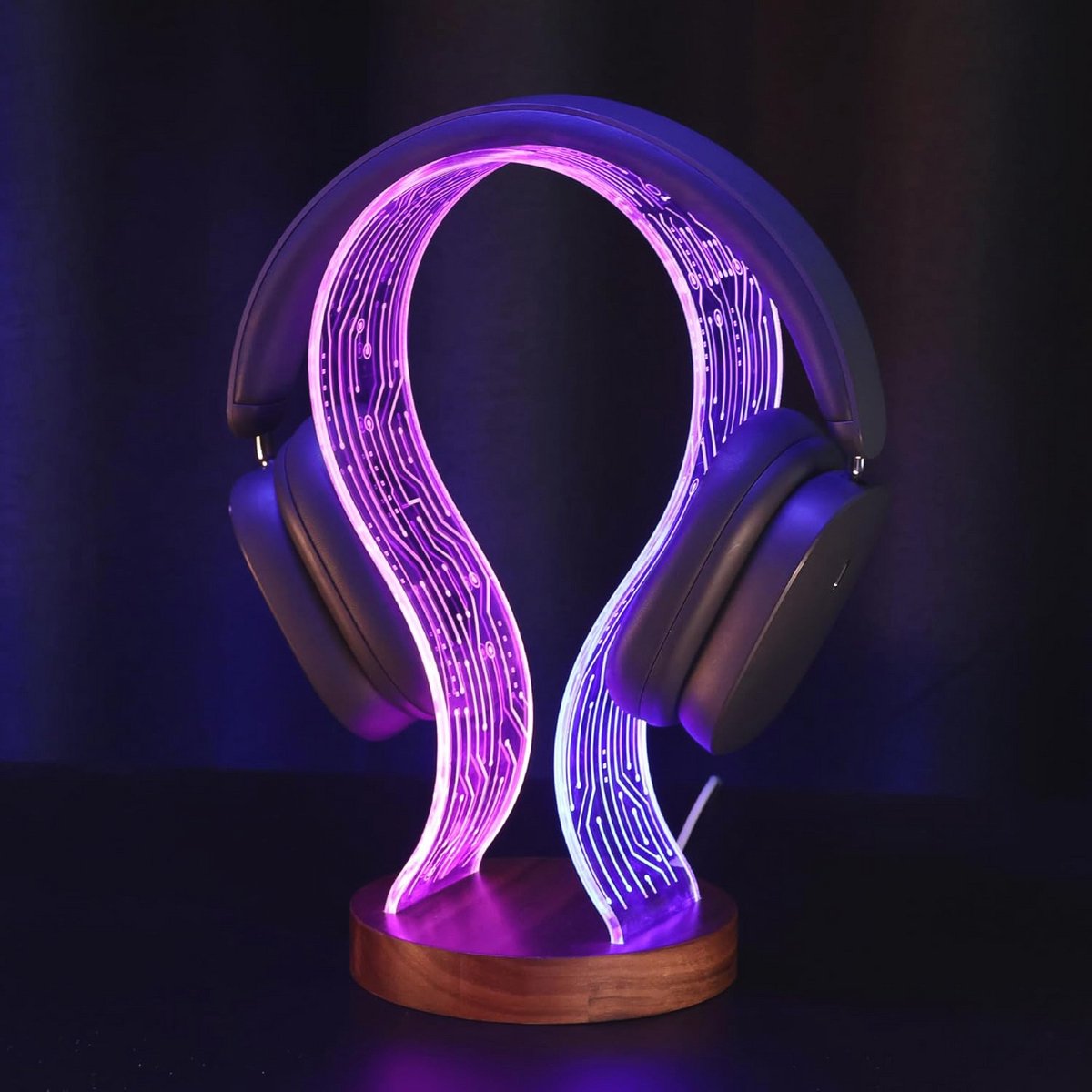 Hoofdtelefoonstandaard voor Gamers met LED-verlichting en USB-aansluiting - Walnoothout Gaming Bureau Accessoire