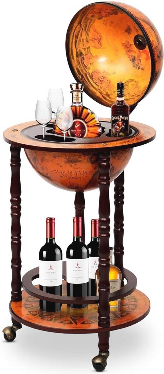 Wereldbol barwagen met 3 wielen – stijlvolle cocktailbar van eucalyptushout