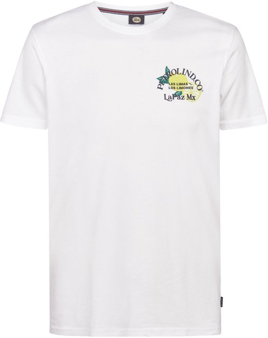 Witte T-shirt met een ronde opdruk van een gele limoen en tekst op de borst, en een label aan de zijkant.
