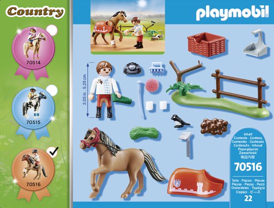 Ensemble Playmobil Country 70516 avec cheval brun et cavalier en chemise blanche, pantalon orange et bottes noires. Avec des accessoires tels qu'un enclos, un panier et un oiseau.