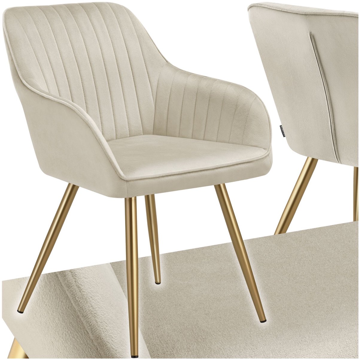 Tectake Eetkamerstoel Marilyn - Gestoffeerde Stoel in Fluweellook - Doorgestikt - Zwarte Stoelpoten - Ergonomische Keukenstoel - Met Doorlopende Rugleuning en Armleuningen - Stoel voor Woonkamer, Eetkamer, Slaapkamer - Creme