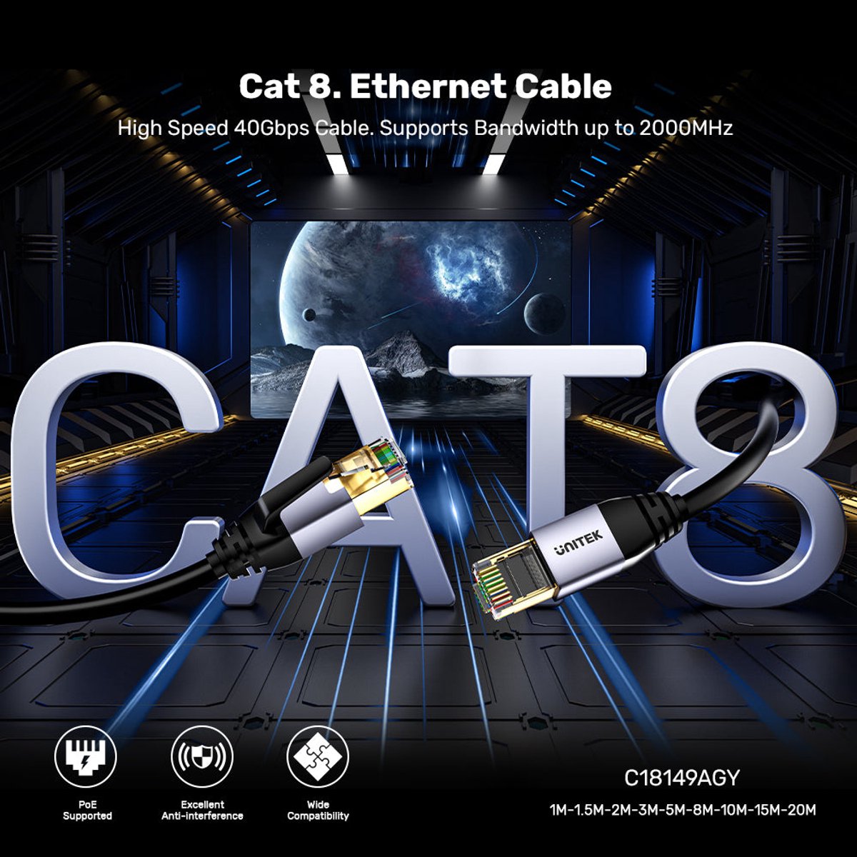 UNITEK C18149AGY03-1.5M netwerkkabel Zwart 1,5 m Cat8 S/FTP (S-STP)