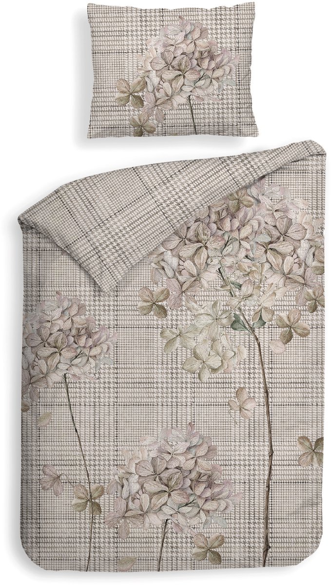 Heckettlane Dekbedovertrek Rory - Bedlinnen met Bloemen print - 140x200-220 cm - Beige - Dekbedovertrek van 100% Katoen-Twill