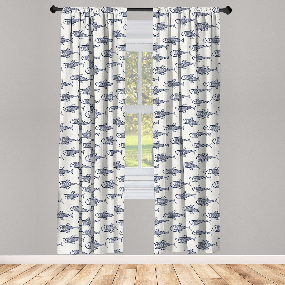 ABAKUHAUS Visgordijnen – 2x75x175 cm – donkerblauw/wit – halfverduisterend