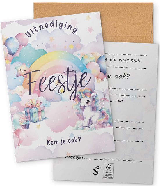Systemyze 15x Uitnodiging Kinderfeestje Meisje – Uitnodigingskaarten Verjaardag – Thema Unicorn – A6 Formaat