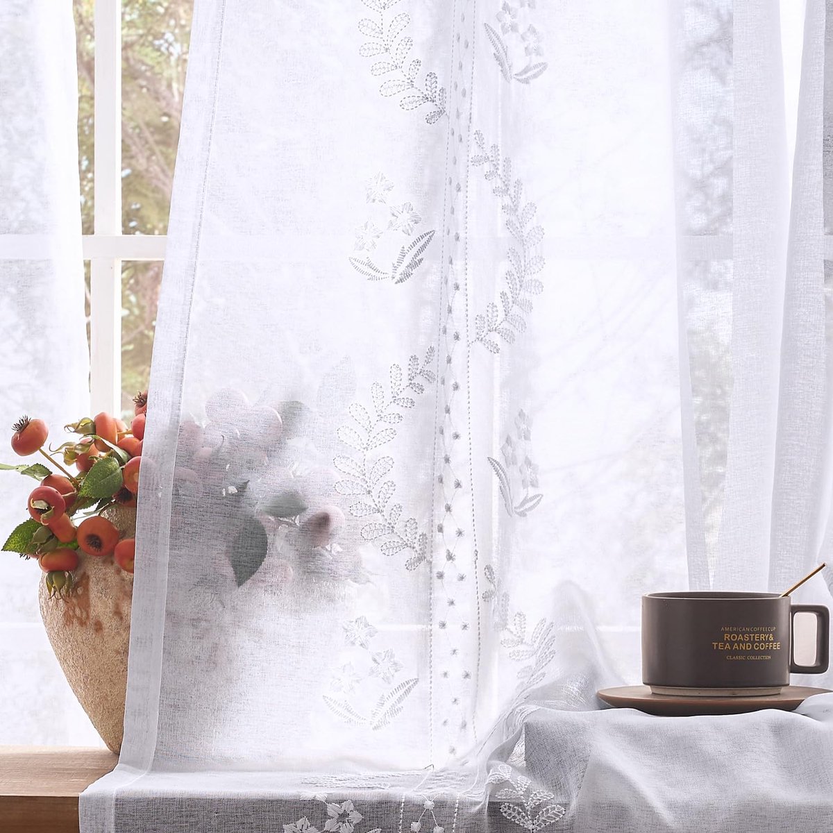 Unyqoos Transparante Voile Gordijnen met Geborduurde Bloemen voor Sfeer en Stijl Wit