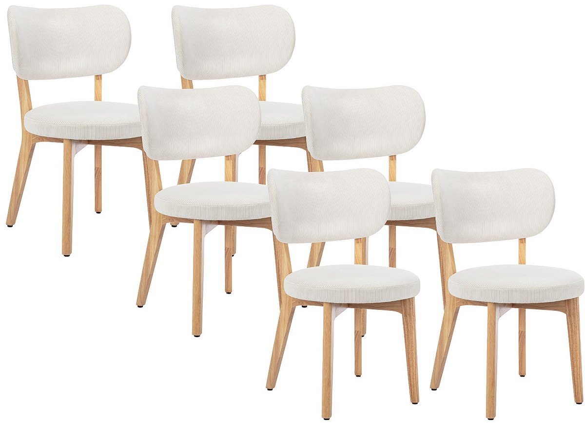 Vente-unique Set van 6 stoelen van ribfluweel en heveahout - Wit - TORIEL