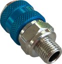 Messing snelkoppeling met blauwe, geribbelde mouw en 1/4" uitwendige schroefdraad.