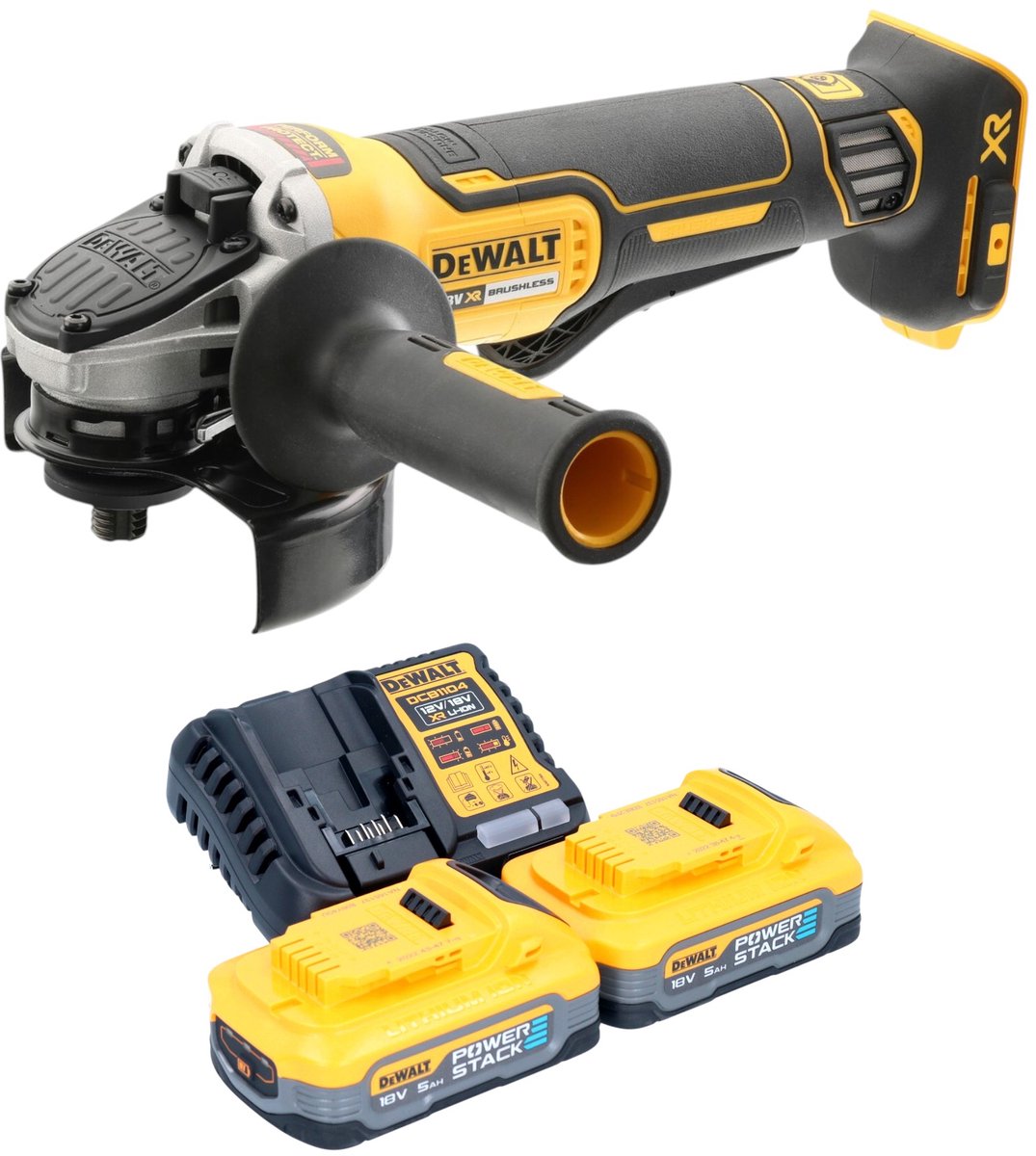 DeWalt DCG 406 H2 accu haakse slijper 18 V 125 mm borstelloos + 2x Powerstack accu 5,0 Ah + oplader