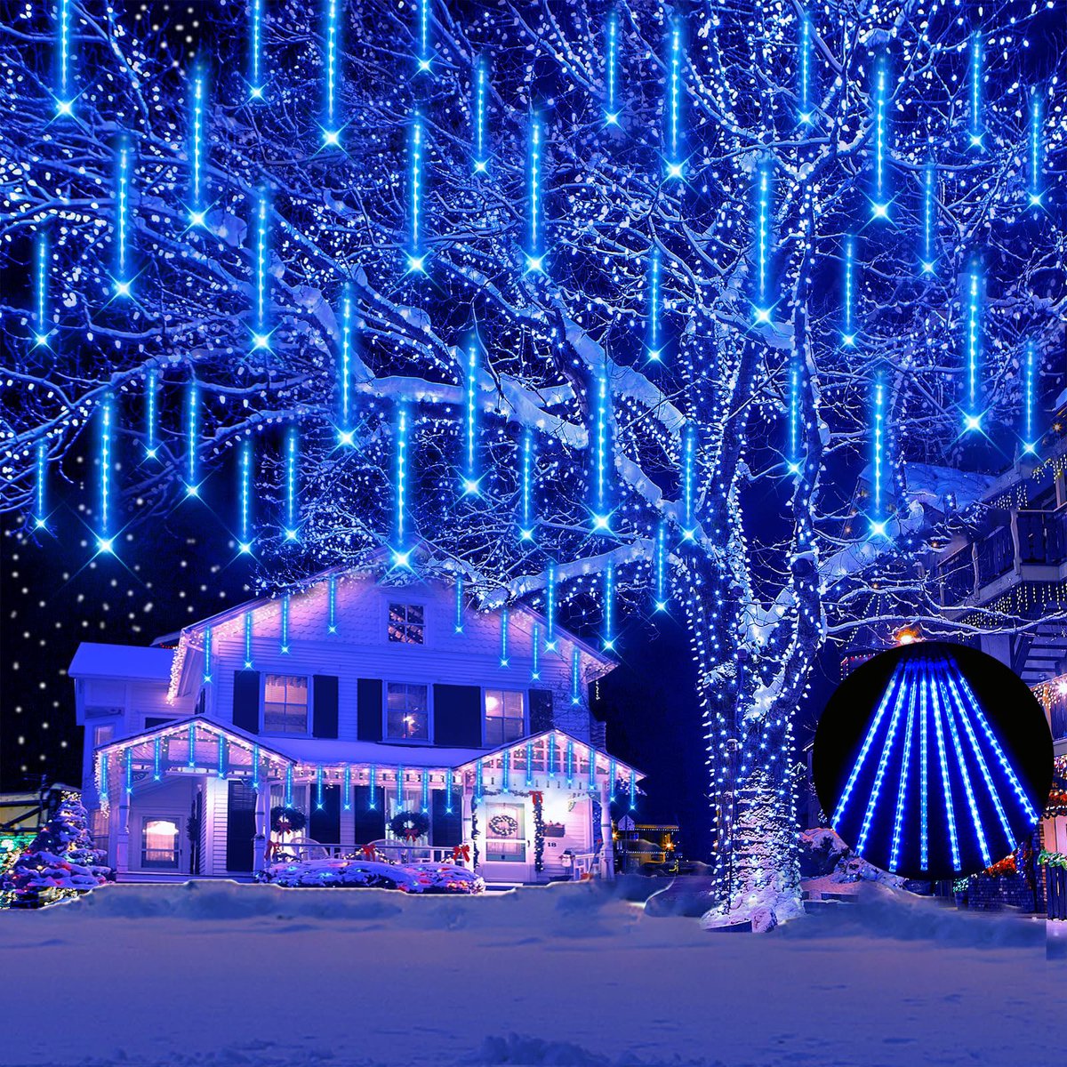 MUPOO 4x Kerstverlichting Meteorenregen Lichtsnoer voor buiten- 30cm 192 LEDS Blauw licht- 360° Buitenverlichting-Energiebesparing en milieubescherming - Voor Hotels en Kerstmarktverlichting