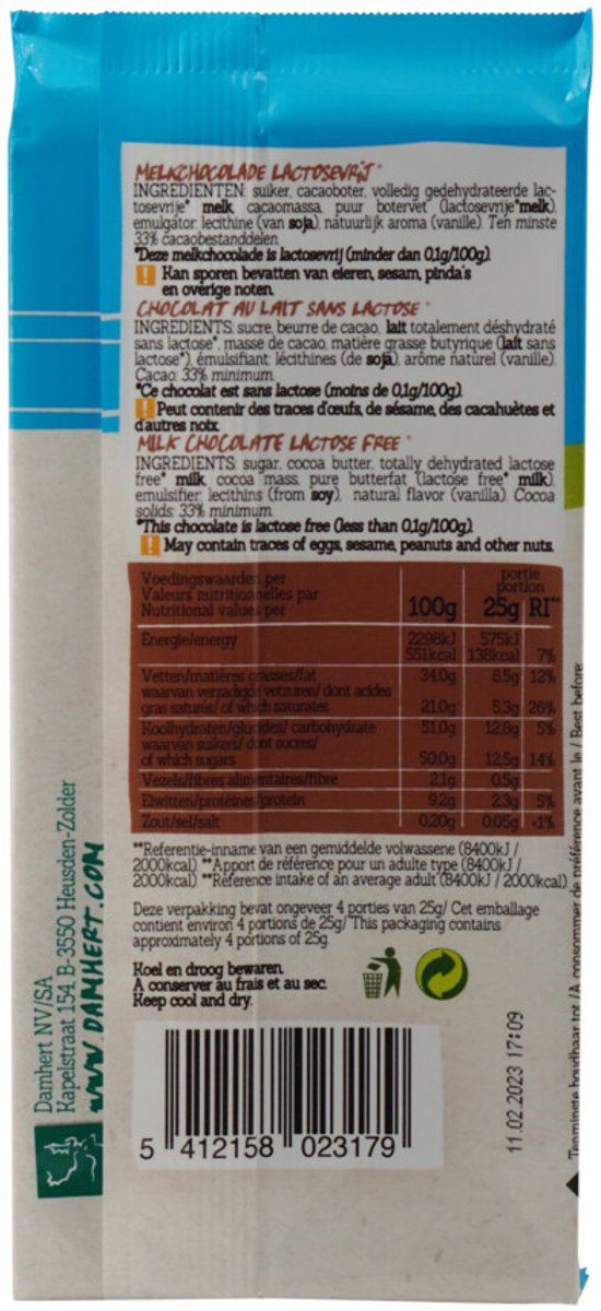 Damhert - Chocoladetablet Melk Lactosevrij - 6 x 100 gr - Voordeelverpakking