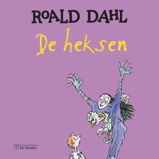 Boekomslag van "De heksen" door Roald Dahl. Een jongen kijkt omhoog naar een heks met zes vingers en een boosaardig gezicht. Paarse achtergrond.