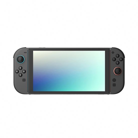 Een zwarte Nintendo Switch met een screenprotector van gehard glas. De protectors heeft gekleurde knoppen.