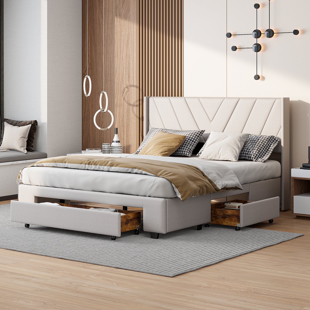 Gestoffeerd bed - tweepersoonsbed 140x200 cm - met 3 houten laden - opbergbed, volwassenbed, jeugdbed - opbergbedframe met metalen frame, linnen, beige, zonder matras (verzonden in 2 pakketten)