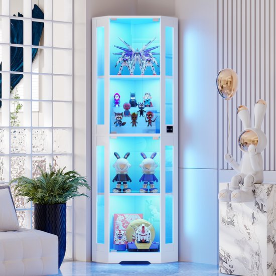 BROTTAR Hoekvitrine van glas met driekleurige LED en bewegingssensor – Moderne hoekvitrine voor woonkamer, slaapkamer of kantoor