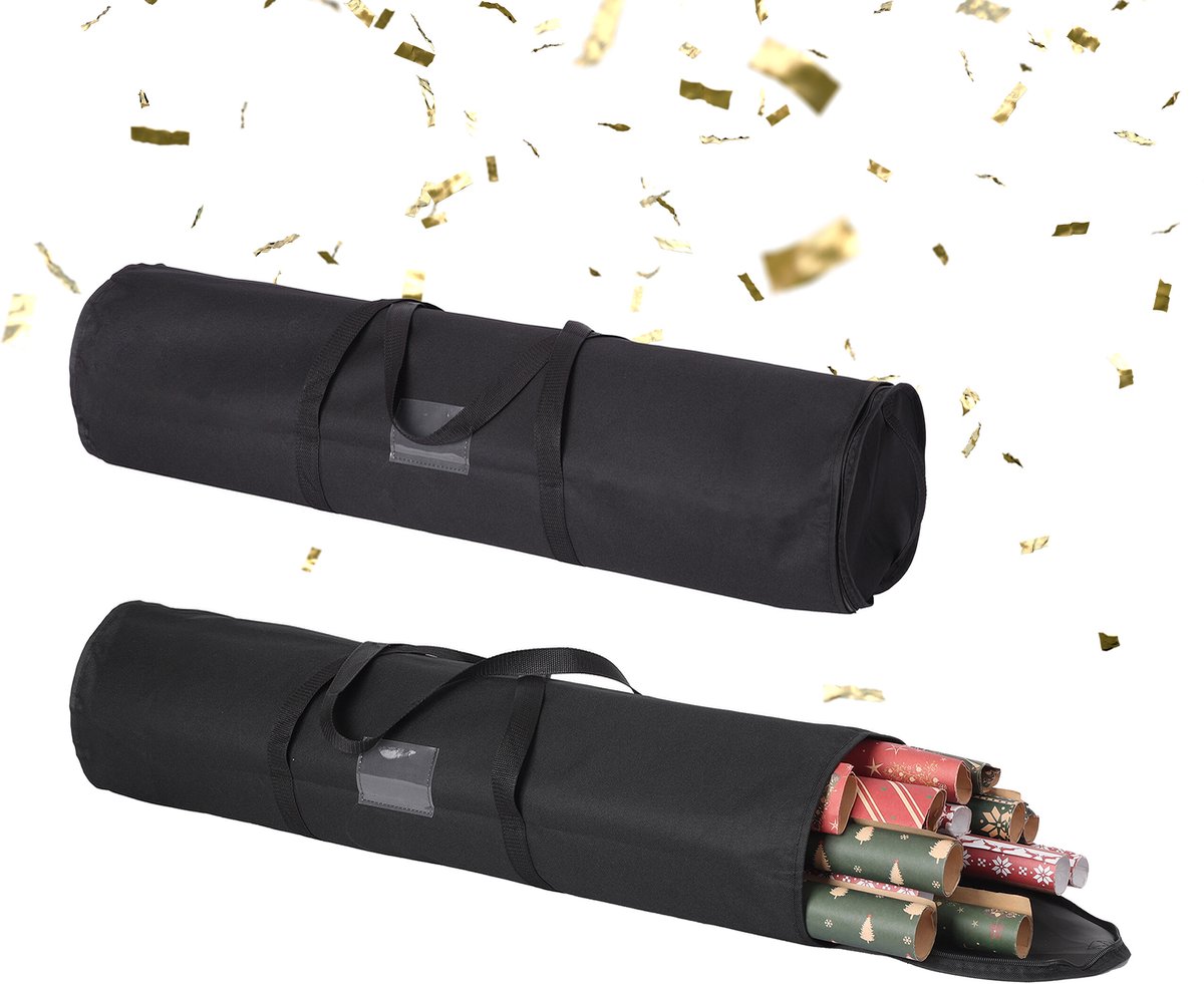 Cadeaupapier opberger - set van 2 - 79 x 22 cm - met etiketvak - zwart