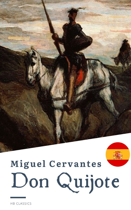 Don Quichotte sur un cheval blanc, tenant une lance, avec un petit drapeau espagnol. Écrit par Miguel Cervantes.