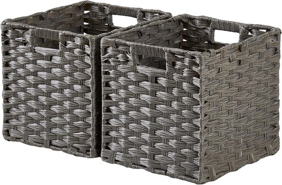 Mangata set van 2 manden voor opslag, gevlochten van polypropyleen, 28x28x28 cm, vierkante dozen met handgrepen, waterdicht, schimmelbestendig, voor planken, kasten, badkamer (beige