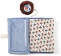 Blauw stoffen fotoalbum met een patroon van kleurrijke vliegtuigjes. Inclusief een bruin pluizig label met een hondje.