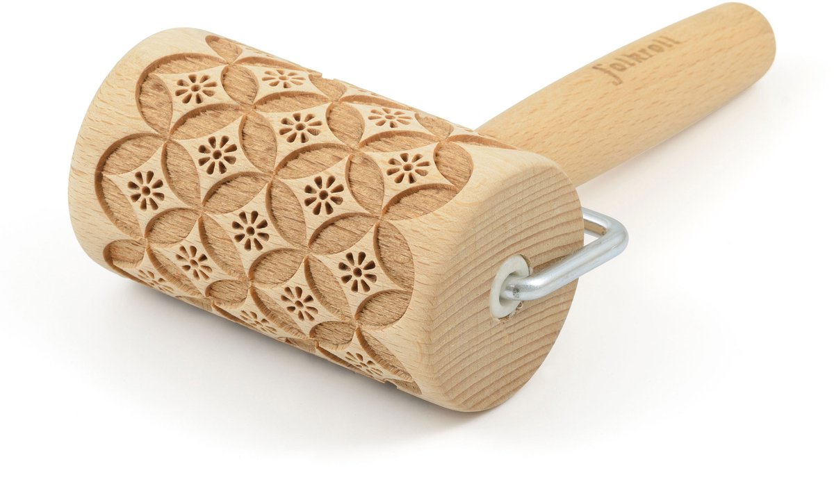 Folkroll deegroller China patroon, mini, 9,5 cm, deegroller, embossing roller, patroon, motief, roller, beukenhout, 330661