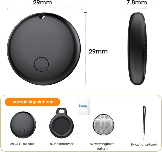 Afmetingen van de zwarte Buzzy tracker: 29mm breed en 7.8mm dik. Verpakking: 8 trackers, 8 beschermers, 8 batterijen, 8 koorden.